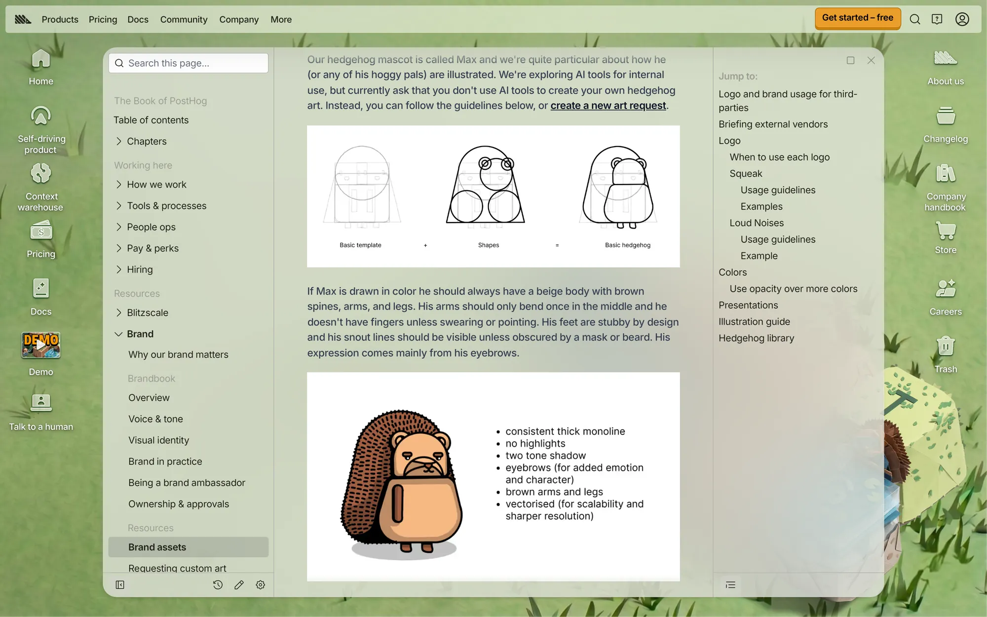 PostHog handbook page with construction sketches of the hedgehog mascot, a paragraph on its colours, arms and eyebrows, and a finished hedgehog beside a style checklist