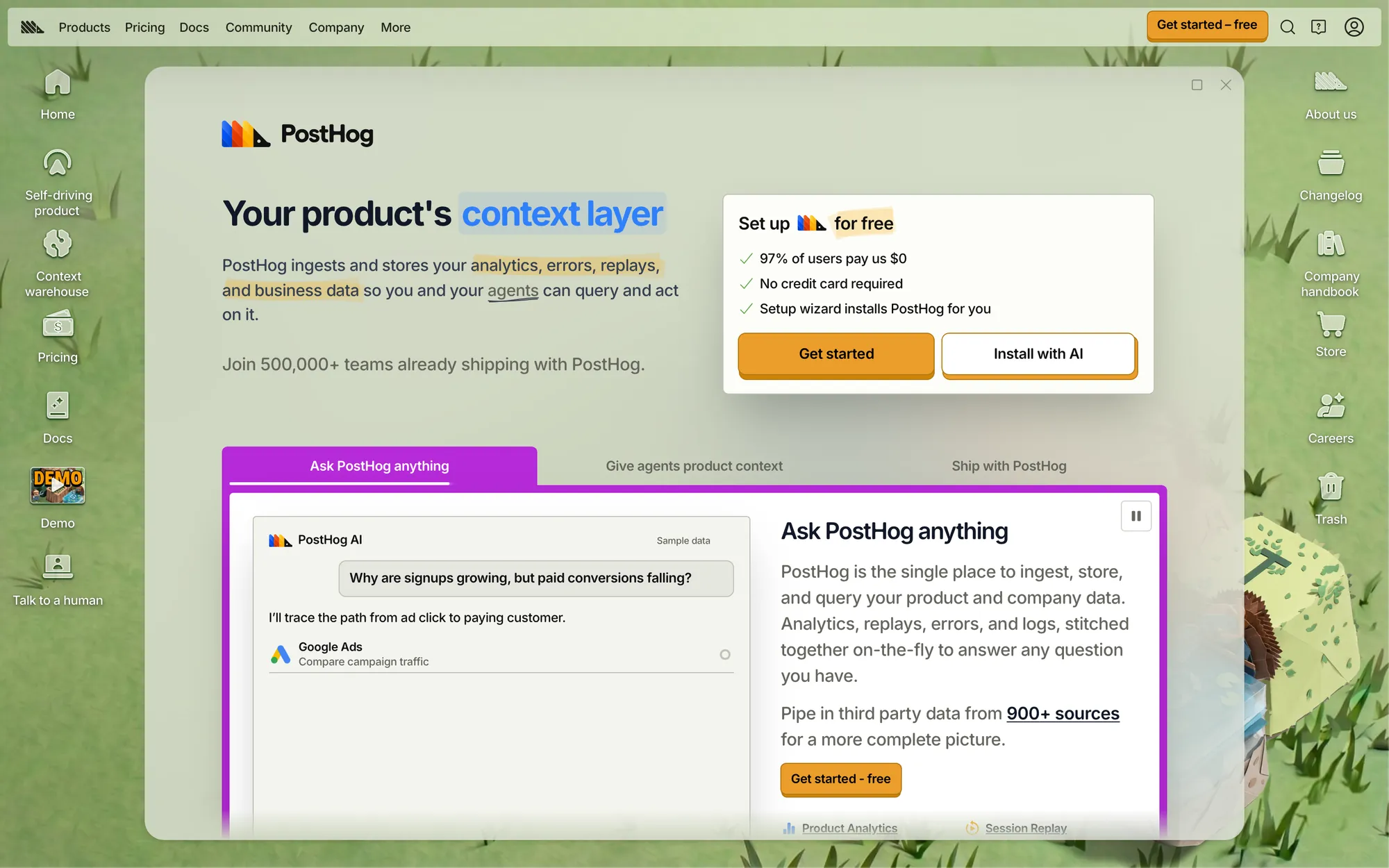 PostHog homepage styled as a desktop window, with a Set up for free card listing No credit card required and Get started and Install with AI buttons