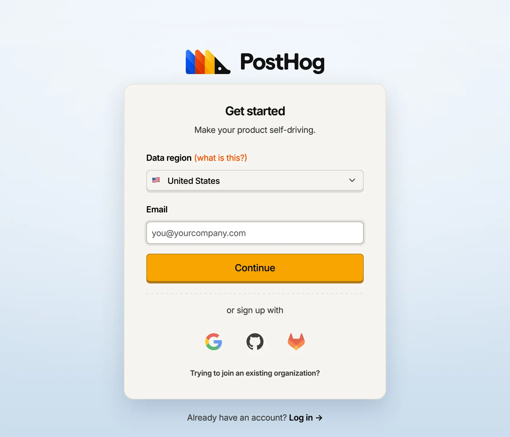 PostHog Get started card with a data region selector, an email field, Google, GitHub and GitLab buttons and a Trying to join an existing organization? link