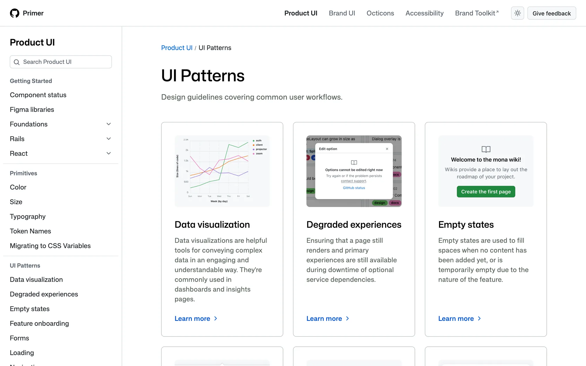 GitHub Primer UI Patterns page with cards for Data visualization, Degraded experiences and Empty states, and a sidebar of further patterns