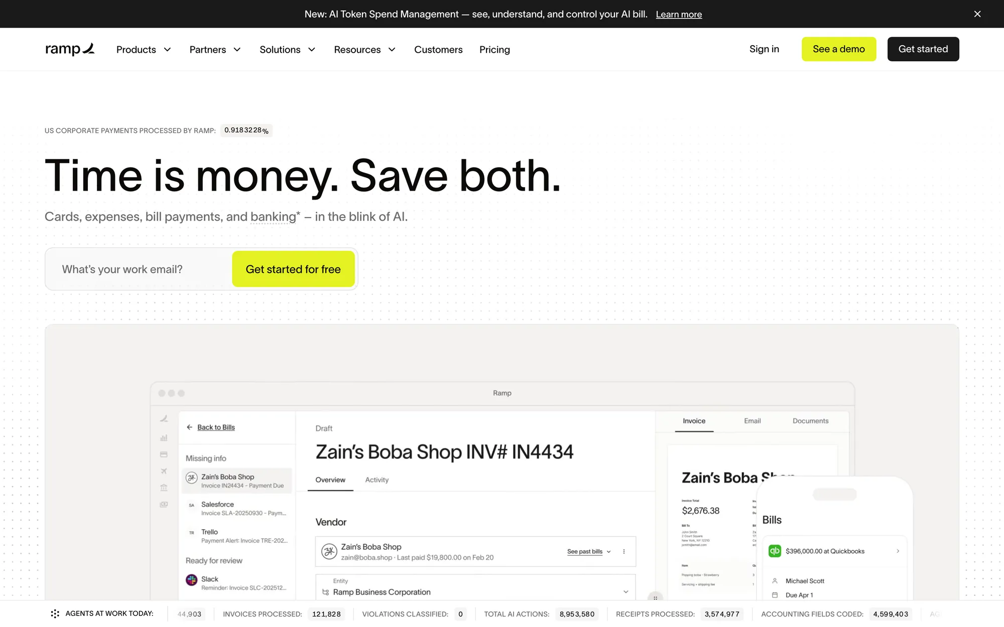 Ramp homepage with a payments counter above the headline Time is money. Save both., a work email field, and See a demo and Get started buttons in the header