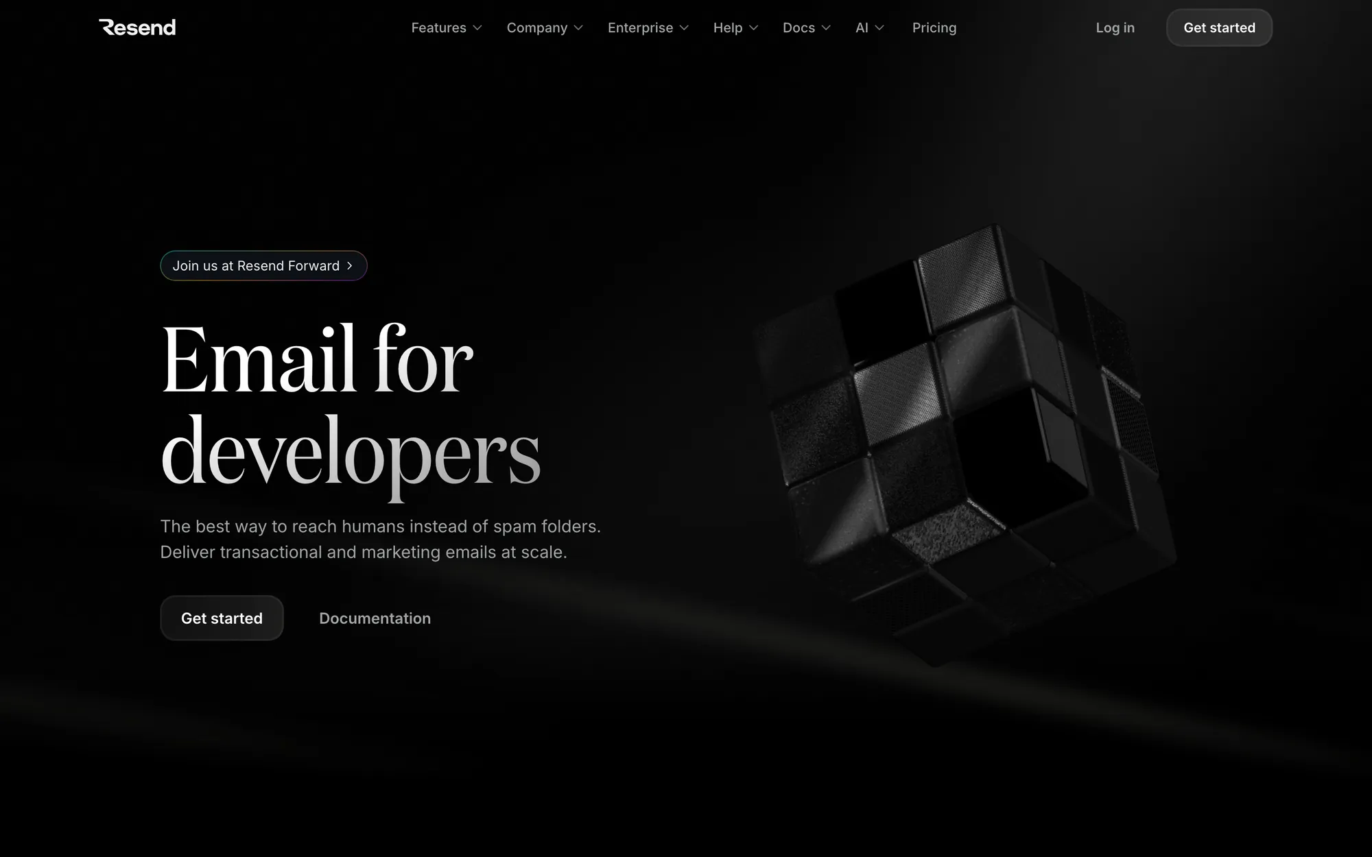Resend homepage with the headline Email for developers and two buttons, Get started and Documentation, beside a black 3D cube