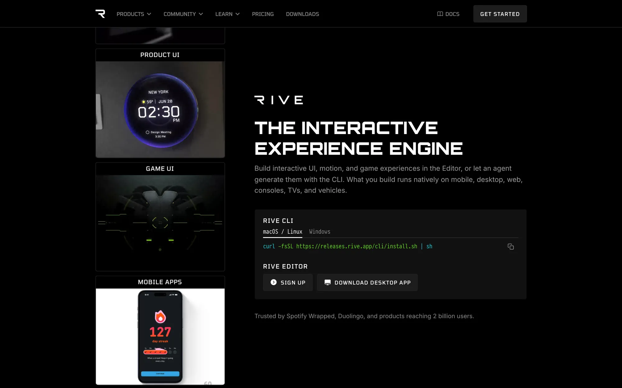 Rive homepage on black with THE INTERACTIVE EXPERIENCE ENGINE, a CLI install command, Sign up and Download desktop app buttons, and use-case tiles
