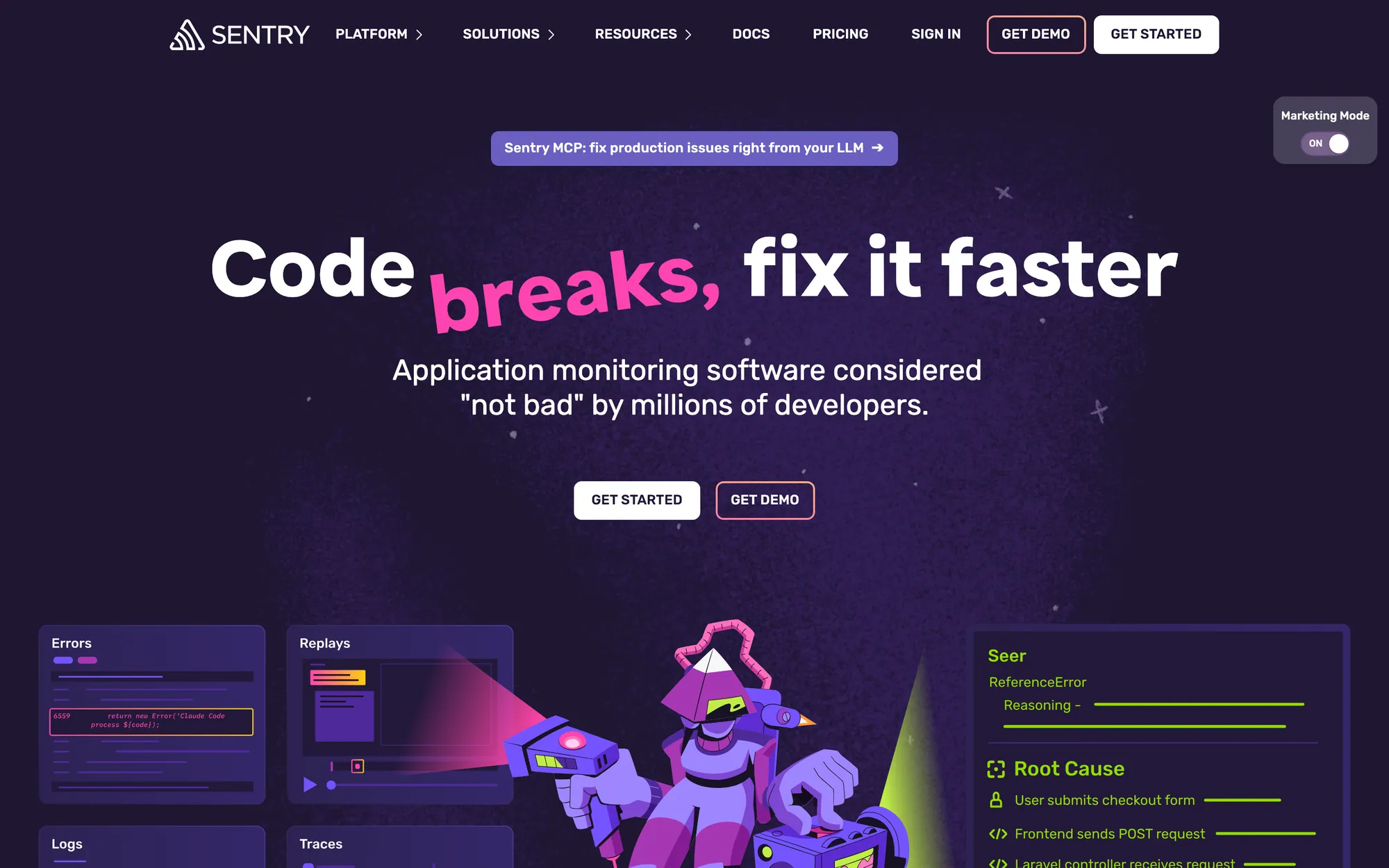 Sentry homepage with the headline Code breaks, fix it faster and Get Started and Get Demo buttons over product cards
