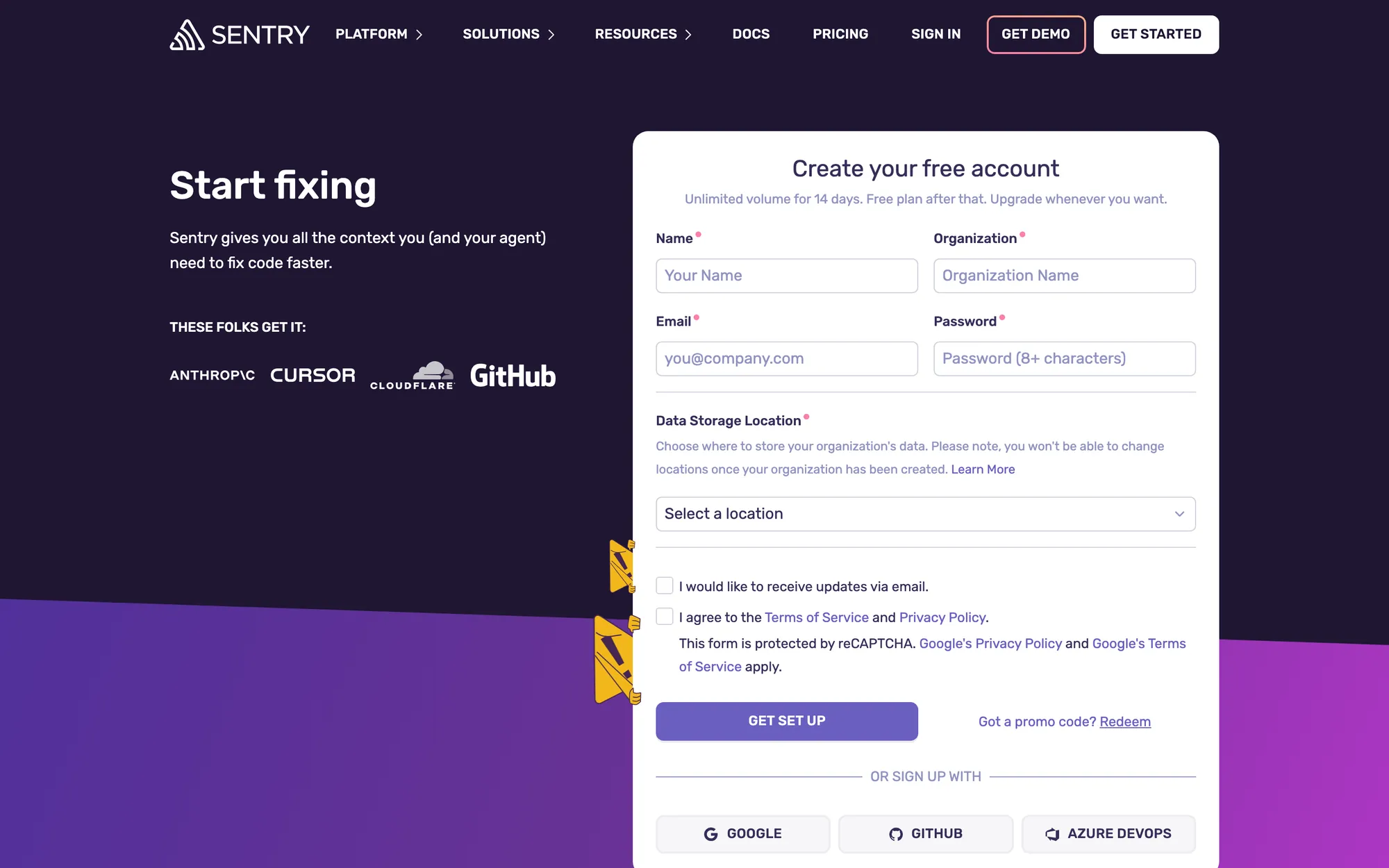 Sentry Create your free account form with name, organization, email, password and data storage location, plus Google, GitHub and Azure DevOps buttons