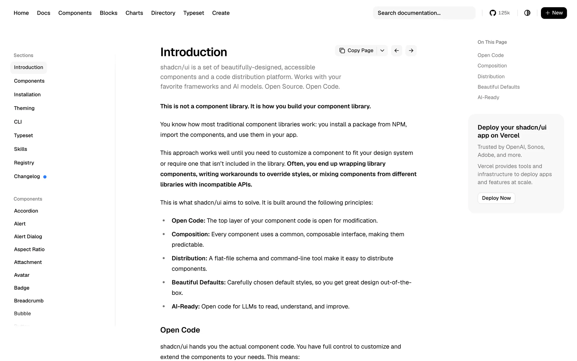 shadcn/ui docs introduction with the bold line This is not a component library. It is how you build your component library., and a list of principles