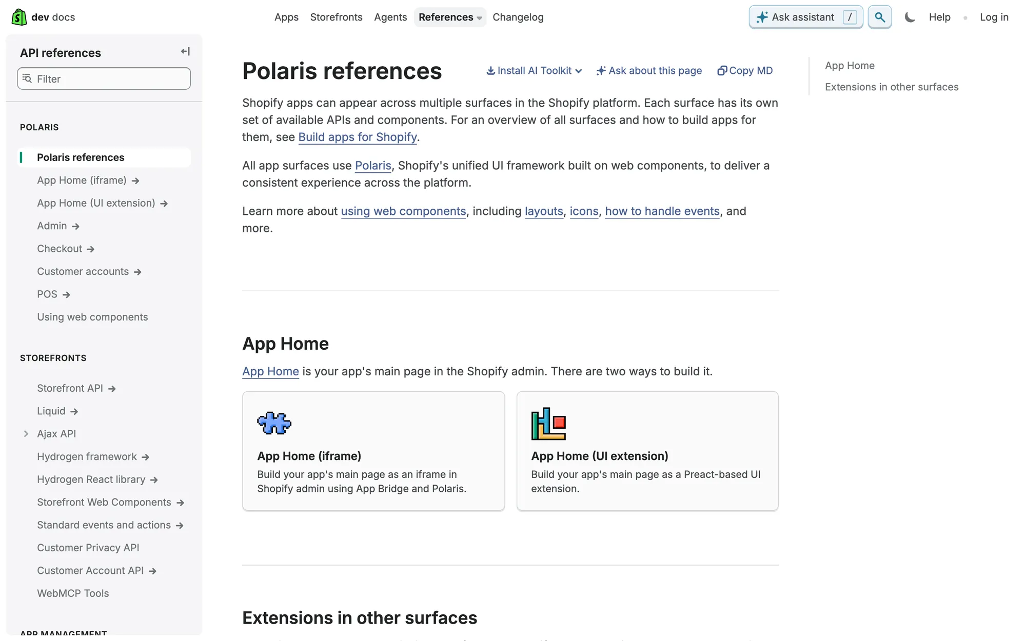 Shopify dev docs Polaris references page explaining that apps appear across many surfaces, with App Home cards and a sidebar listing Admin, Checkout, Customer accounts and POS
