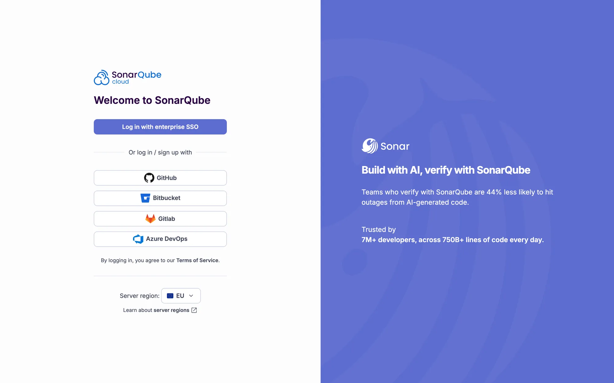 SonarQube Cloud login page with an enterprise SSO button, then GitHub, Bitbucket, GitLab and Azure DevOps, and a server region selector