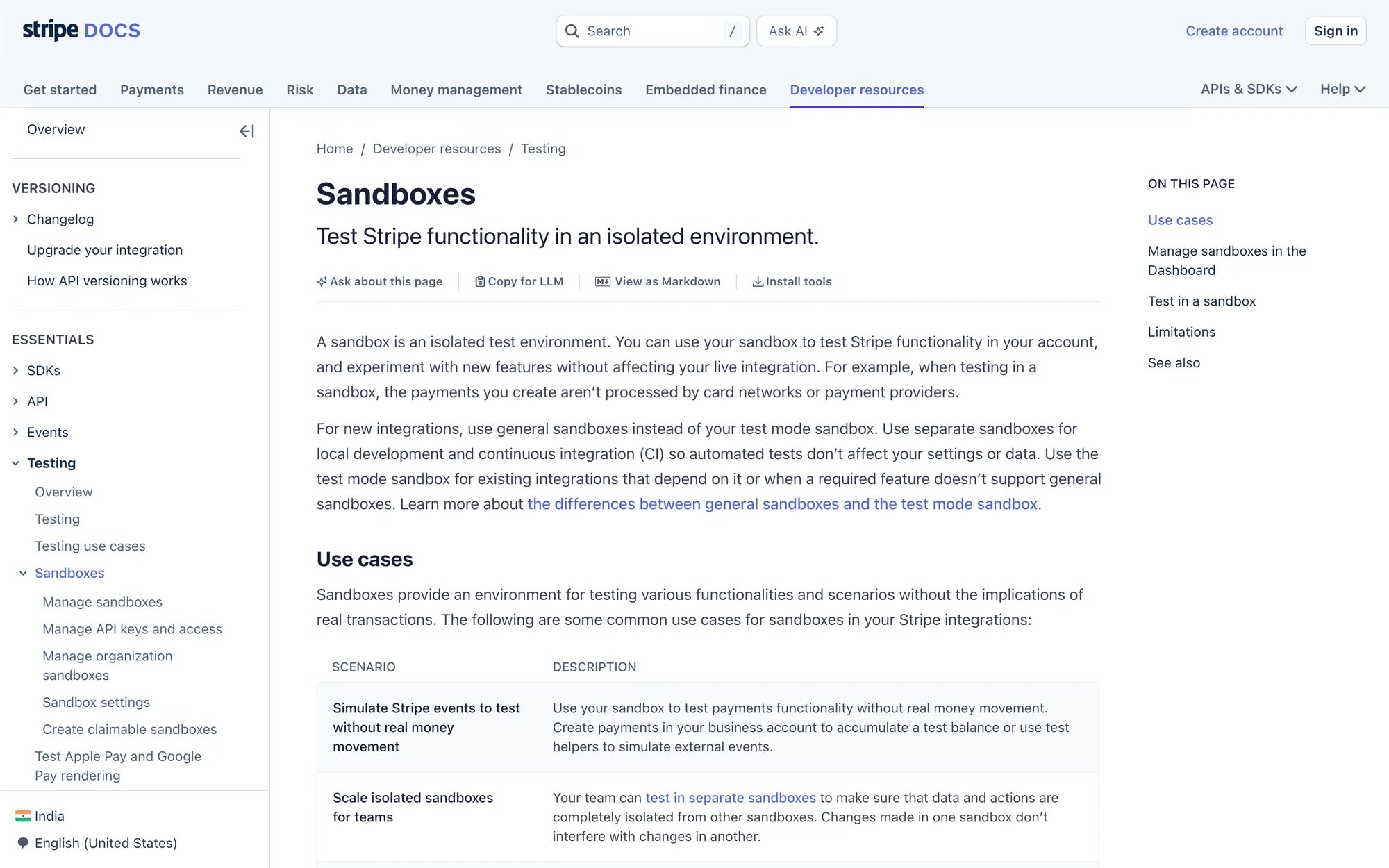 Stripe Docs Sandboxes page explaining isolated test environments and the difference between general sandboxes and the test mode sandbox