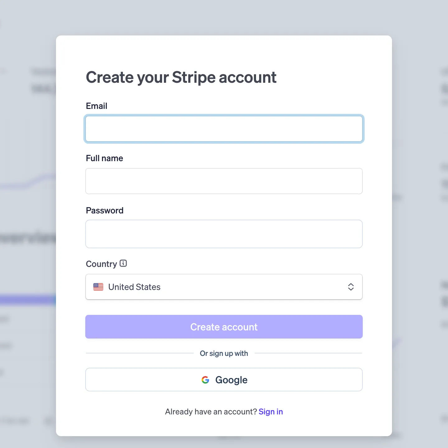 Stripe Create your Stripe account form with Email, Full name, Password and Country fields and a Google option