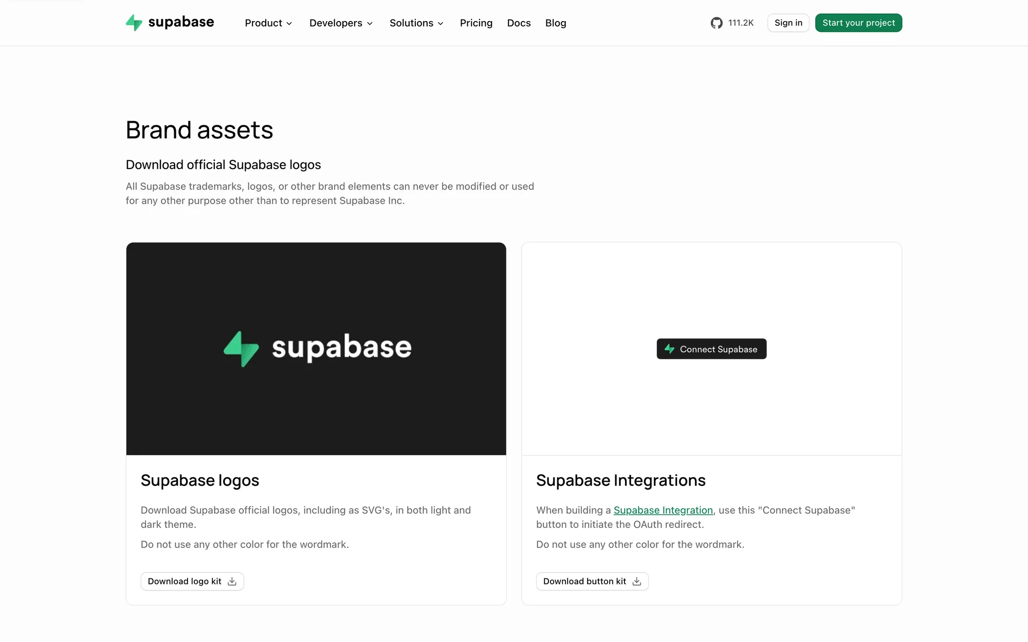 Supabase Brand assets page with a logos card showing the green wordmark on black and an integrations card with a Connect Supabase button