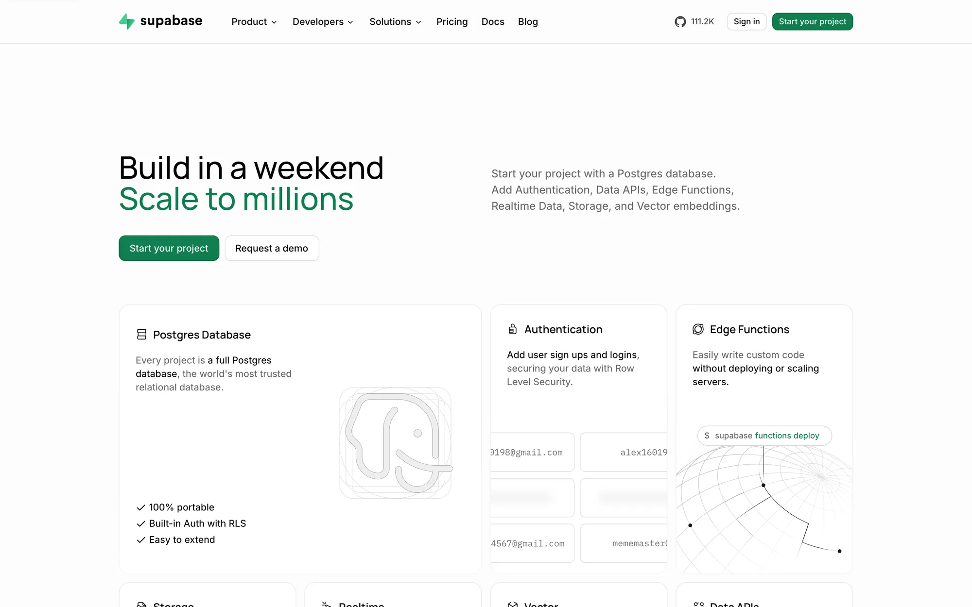 Supabase homepage with Build in a weekend, Scale to millions, Start your project and Request a demo buttons, and the GitHub star count in the navigation