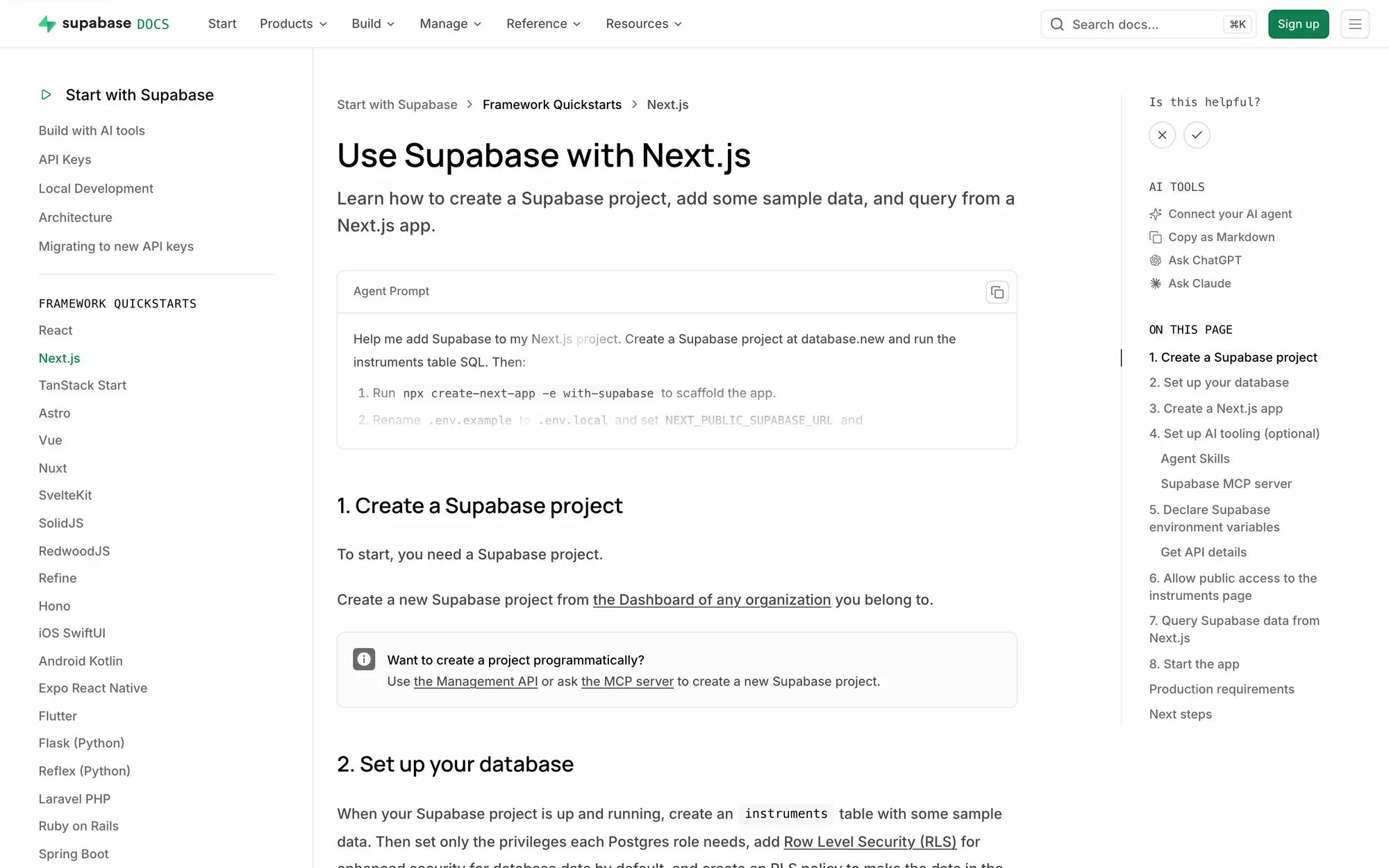 Supabase Docs quickstart Use Supabase with Next.js, with steps to create a project and set up a database with an instruments table of sample data