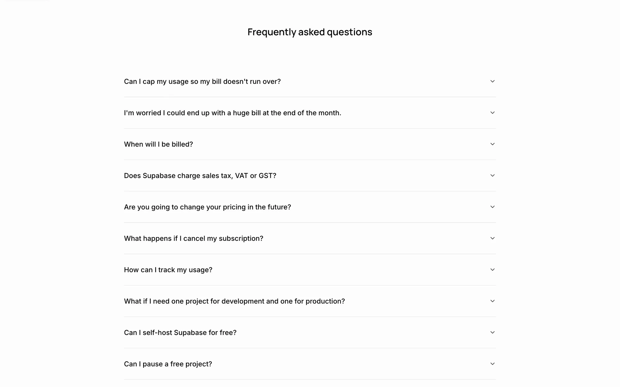 Supabase pricing FAQ opening with Can I cap my usage so my bill doesn't run over?, followed by questions on billing dates, tax, cancelling and self-hosting