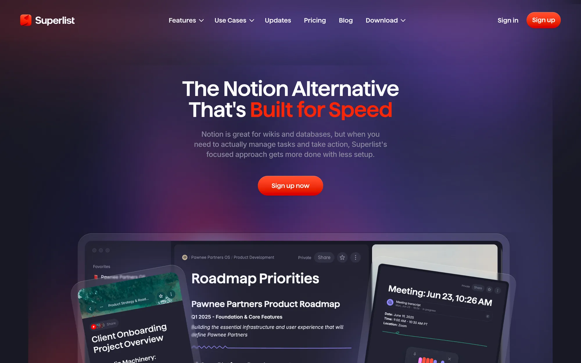 Superlist page titled The Notion Alternative That's Built for Speed with a Sign up now button and app windows