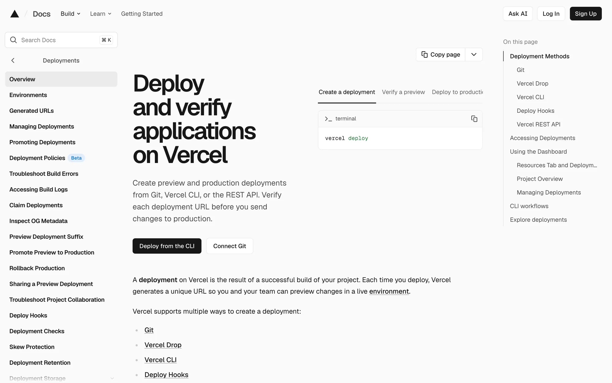 Vercel Docs page Deploy and verify applications on Vercel with a vercel deploy terminal snippet and a sidebar including Promoting Deployments and Rollback Production