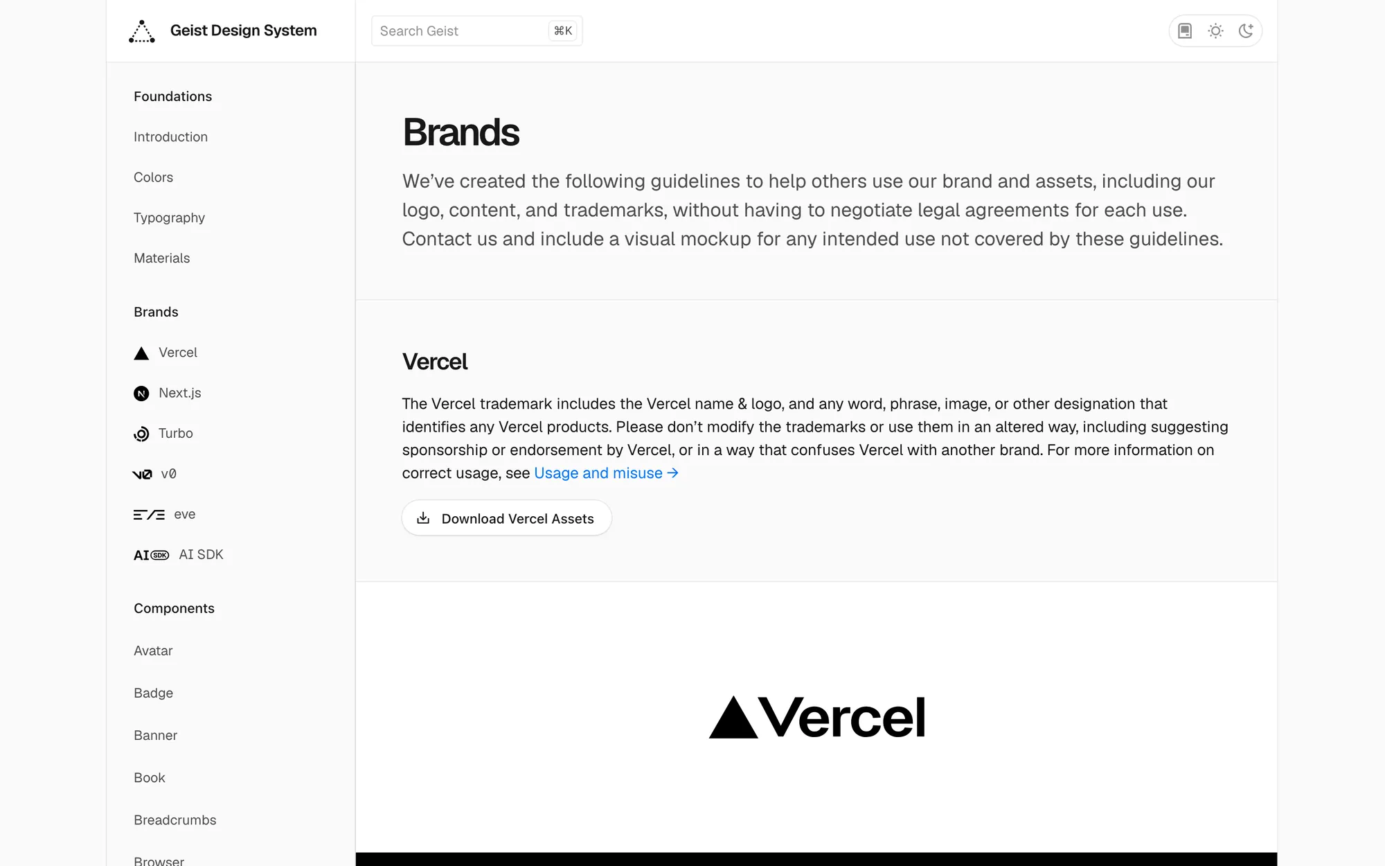 Vercel Geist Brands page with trademark guidance, a Download Vercel Assets button and the black Vercel logotype on white