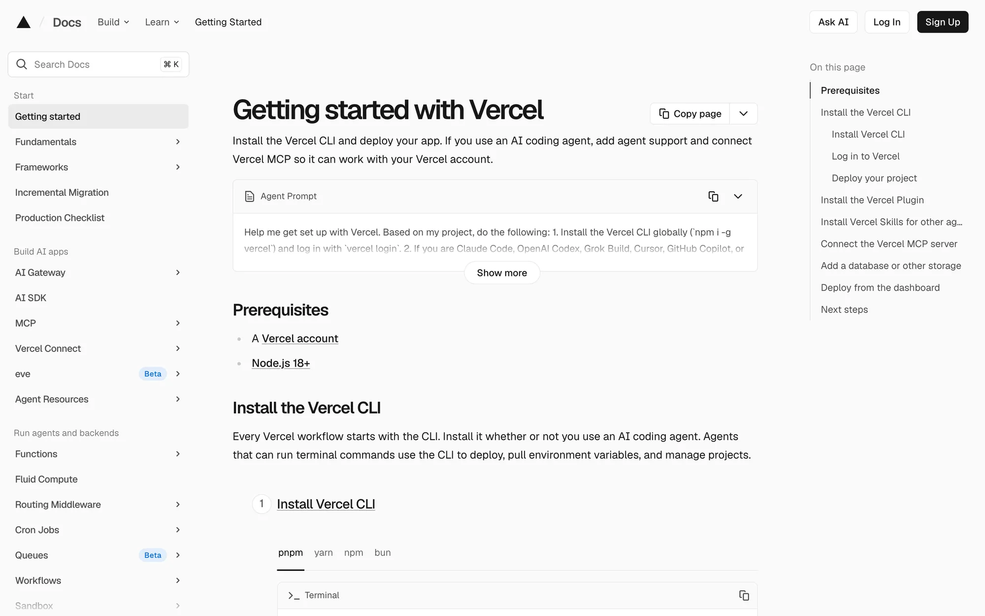 Vercel Docs Getting started with Vercel page with an Agent Prompt box to paste into a coding agent, prerequisites and an Install the Vercel CLI step