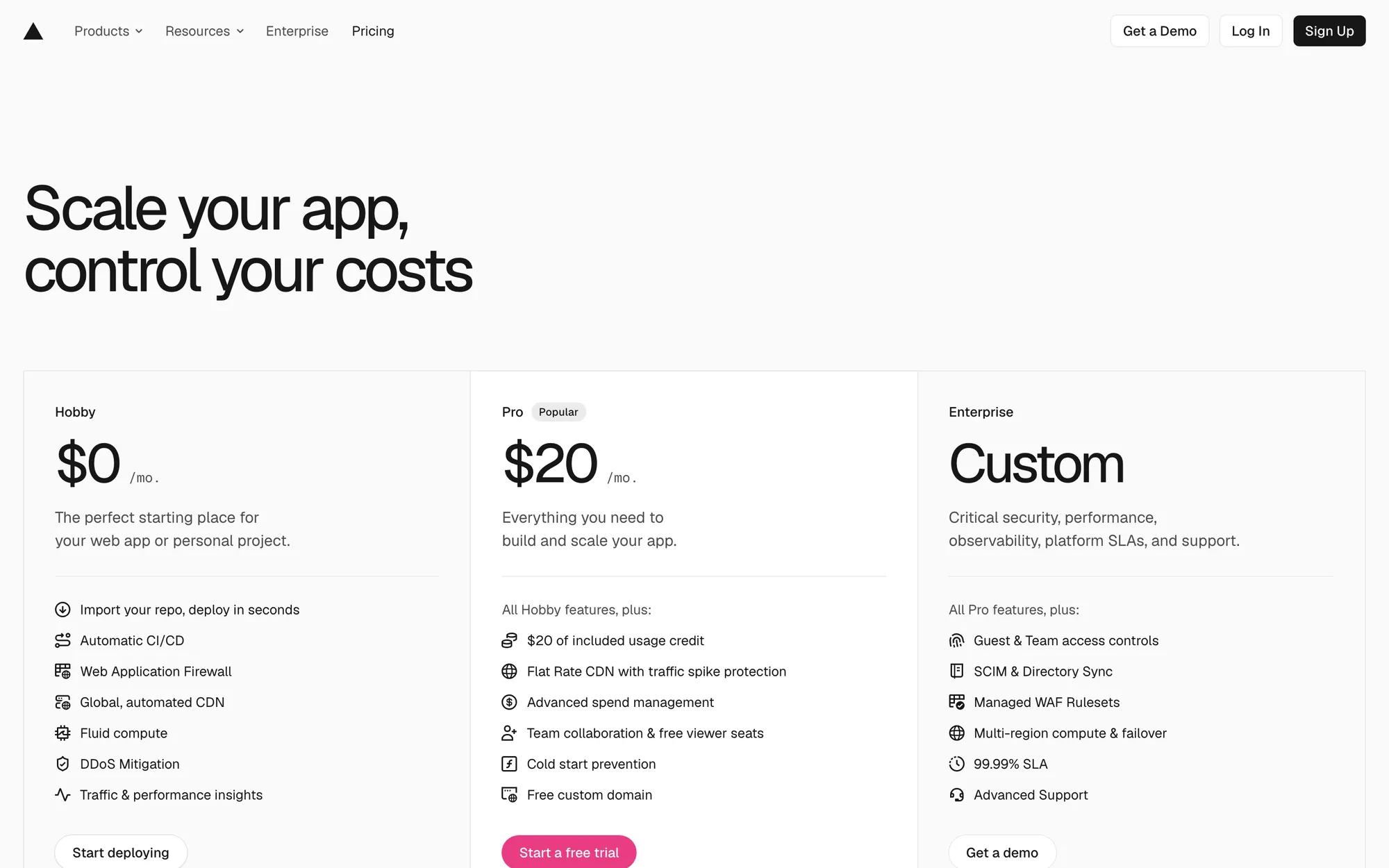 Vercel pricing page with Hobby, Pro and Enterprise cards; Pro lists included usage credit and Enterprise says Custom with a Get a demo button
