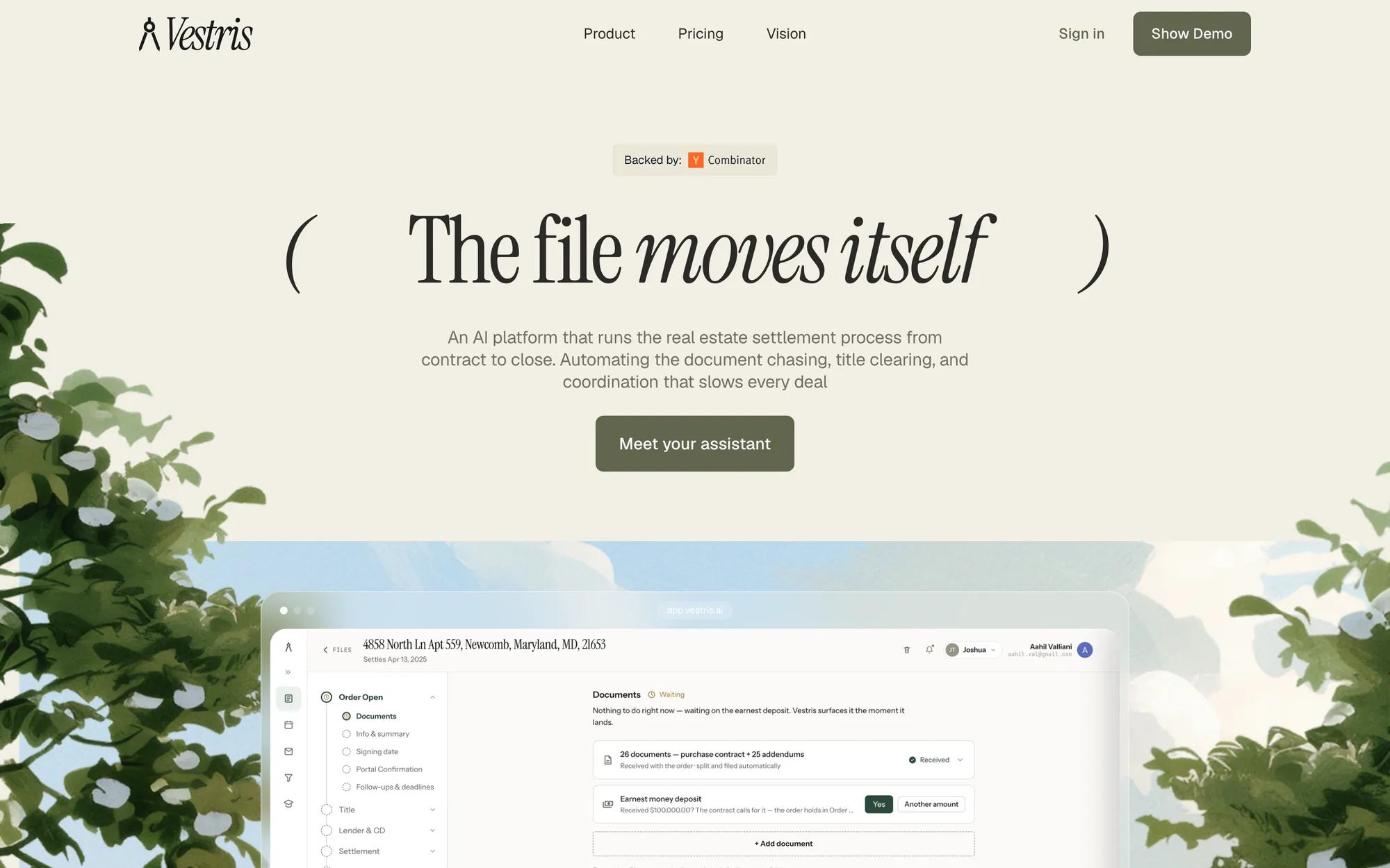Vestris homepage with the headline The file moves itself, a Meet your assistant button and a Show Demo button in the header