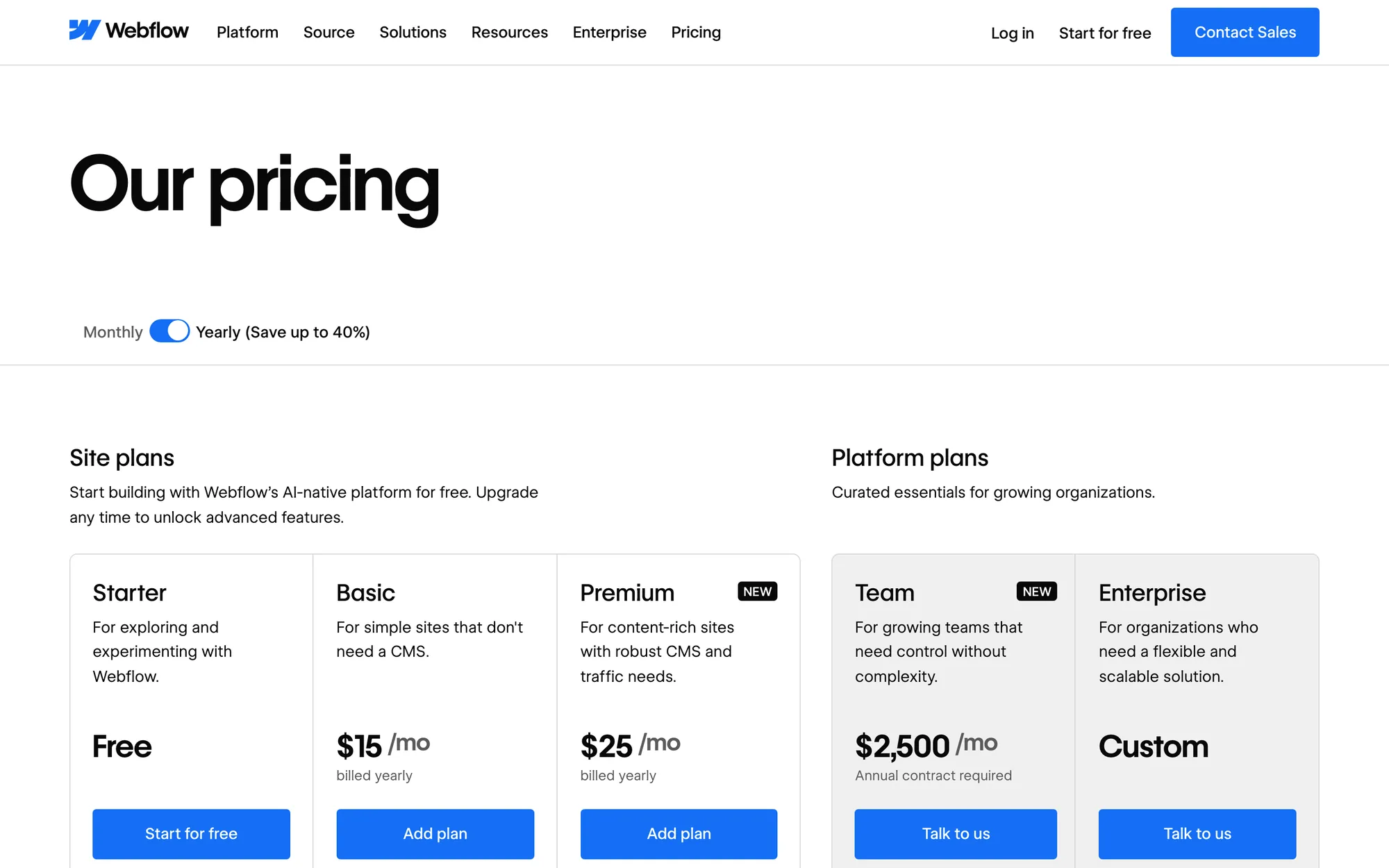 Webflow pricing page with Site plans (Starter, Basic, Premium) and Platform plans (Team, Enterprise), yearly billing selected
