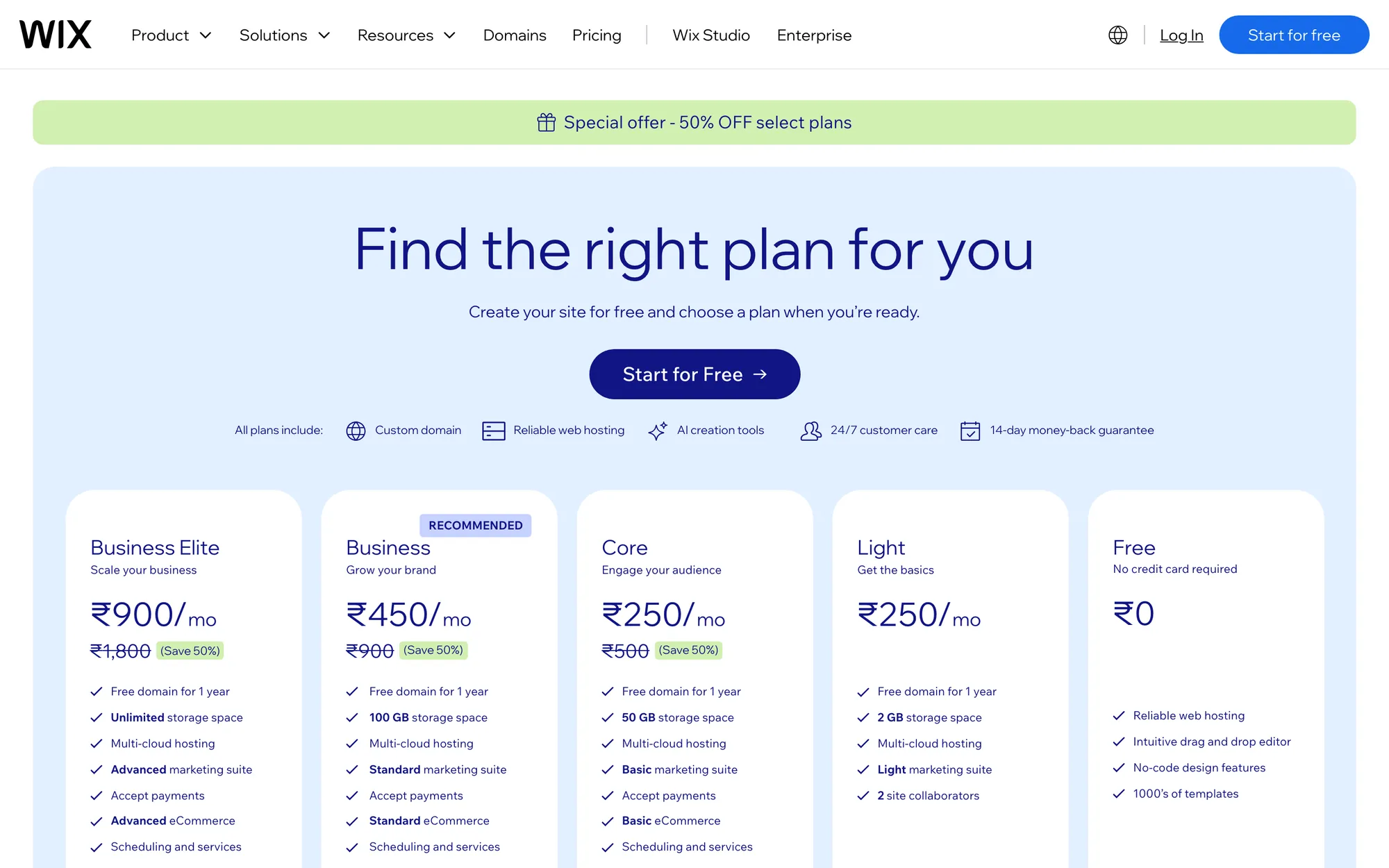 Wix plans page with Business Elite, Business, Core, Light and Free cards, prices in rupees, listing payments, eCommerce and scheduling on the higher plans