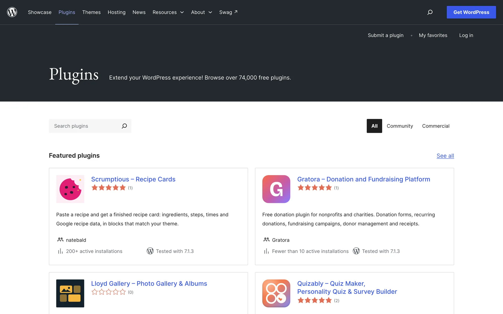 WordPress.org Plugins directory with the line Browse over 74,000 free plugins, a search box and featured plugin cards