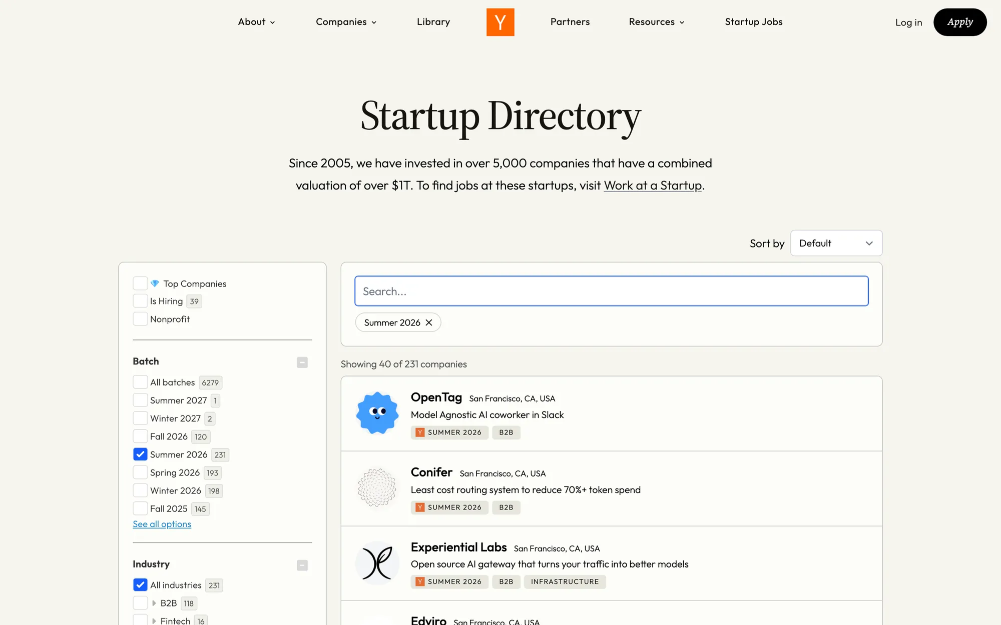 Y Combinator's startup directory filtered to the Summer 2026 batch, showing 40 of 231 companies with batch and industry filters