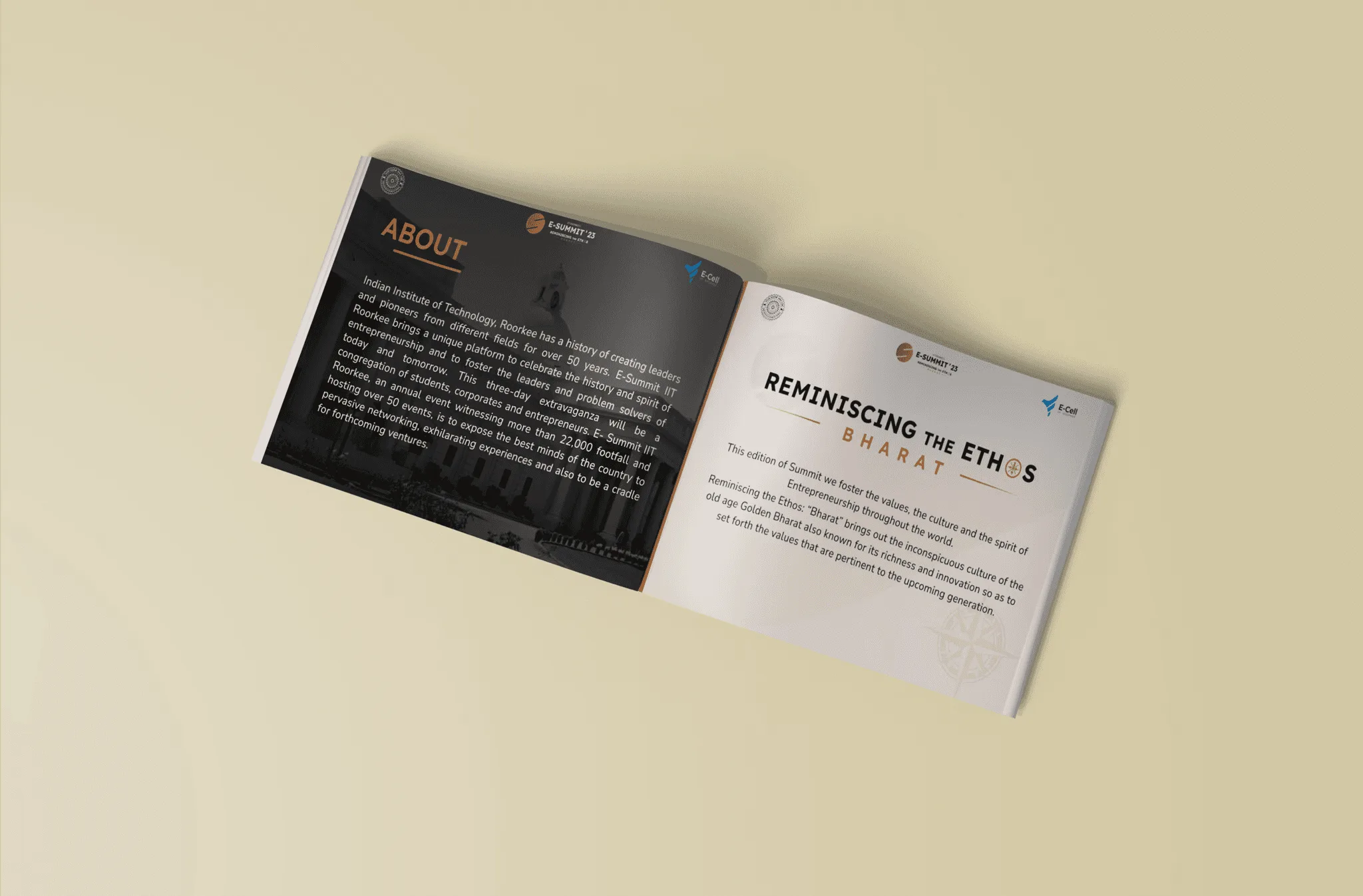 E-Summit sponsorship deck open to its About spread: a dark left page about IIT Roorkee and a light right page describing Reminiscing the Ethos Bharat