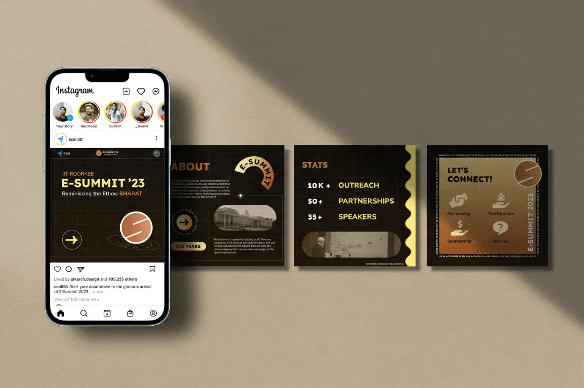 An E-Summit Instagram post on a phone beside a carousel of social tiles: About, Stats with 10K+ outreach, 50+ partnerships and 35+ speakers, and a contact tile