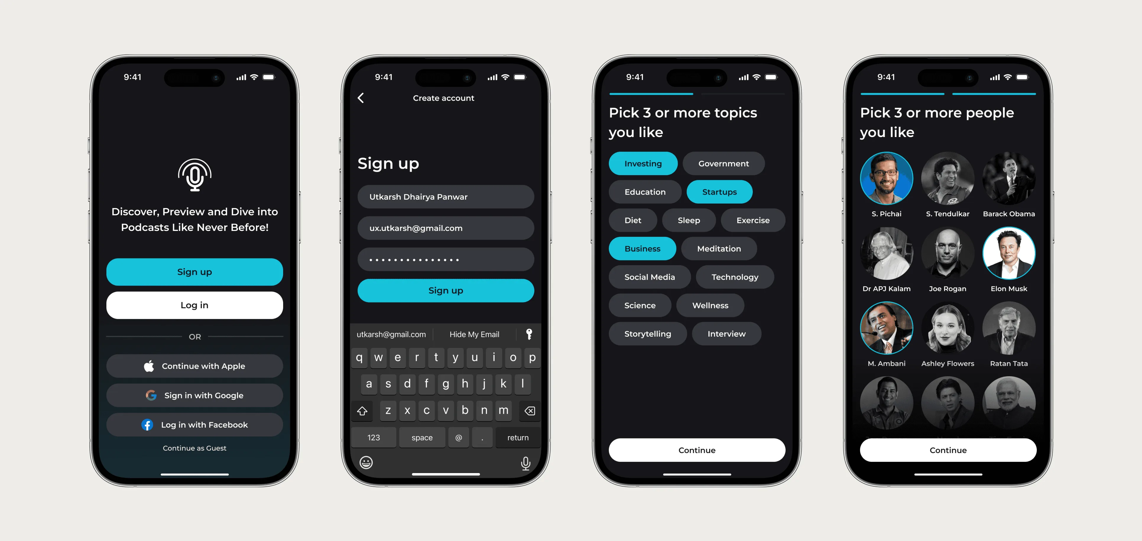 Four SoundSphere onboarding screens on phones: a welcome screen with Sign up, Log in and social logins, a sign-up form with keyboard, a Pick 3 or more topics screen and a Pick 3 or more people grid